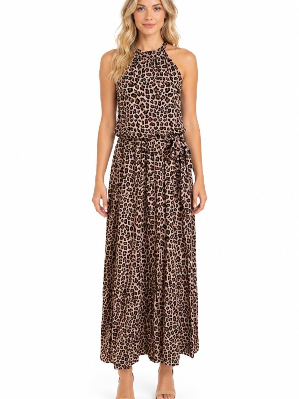 Pretty Garden Brown & Black Animal Print   Tiered Halter Maxi Dress Size Medium